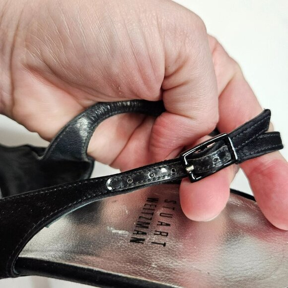 Stuart Weitzman Black Satin Beaded Rosette Peep Toe Slingback Heels Size 10 - Picture 8 of 12